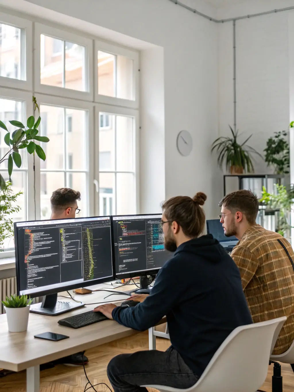 An image of developers collaborating over code on multiple screens, representing Kinoza's software development services.