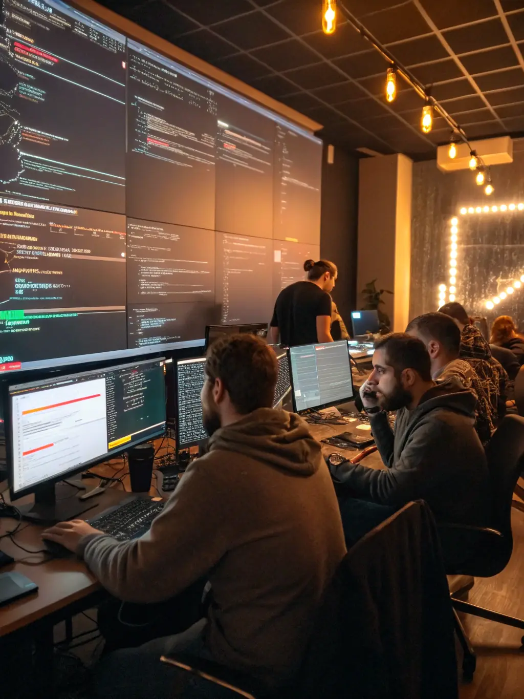 An image of developers collaborating over code on multiple screens, representing Kinoza's software development service.