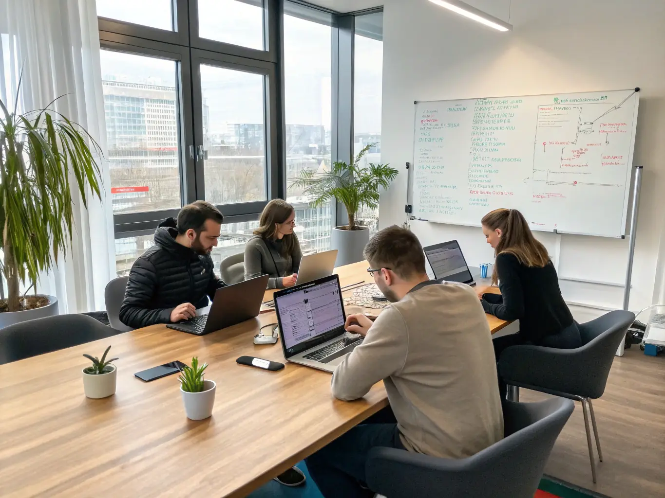 A team of software developers collaborating on a project, showcasing Kinoza's expertise in creating custom software solutions.