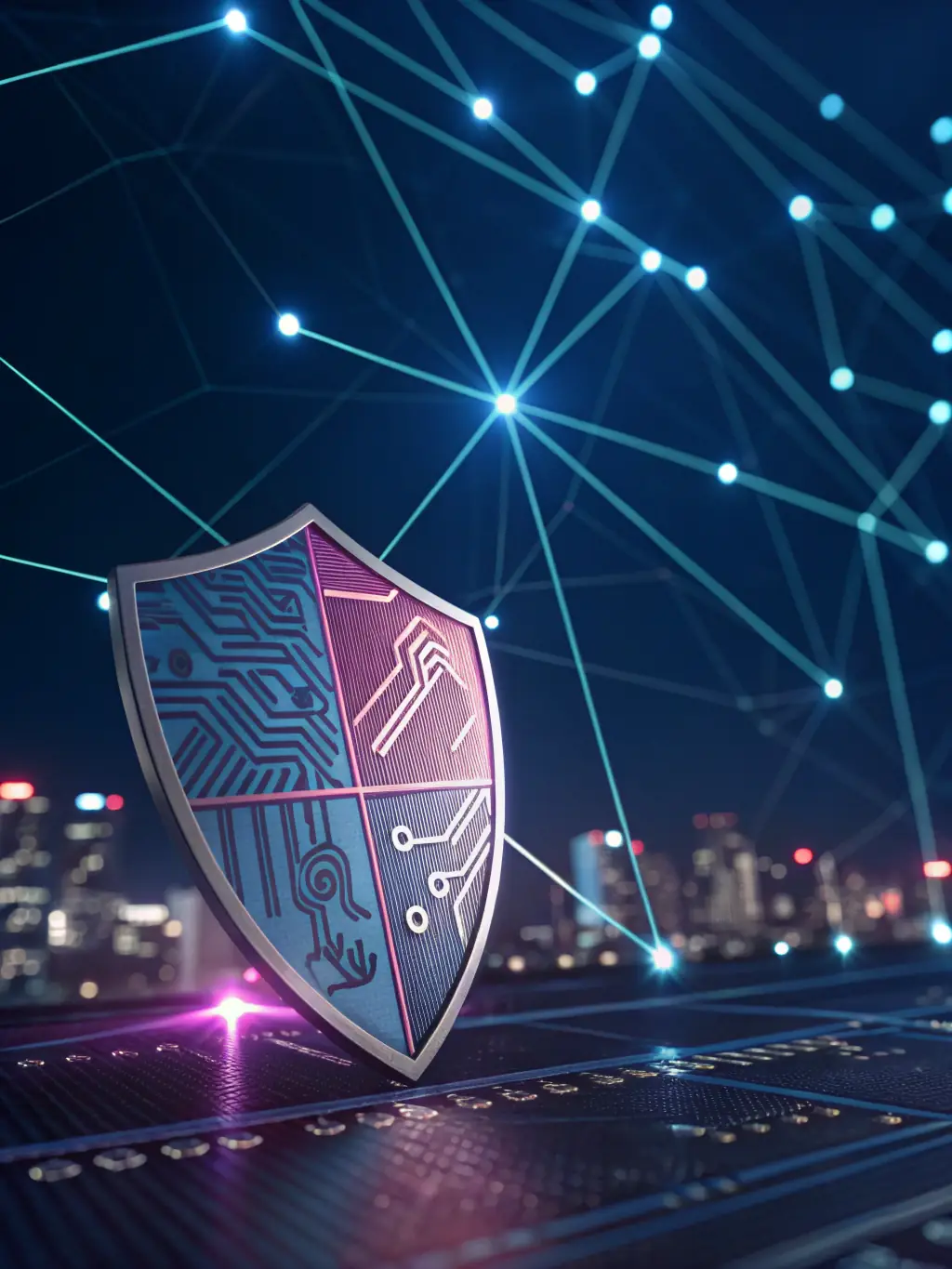 A shield icon overlaying a digital network background, symbolizing Kinoza's robust cybersecurity solutions.