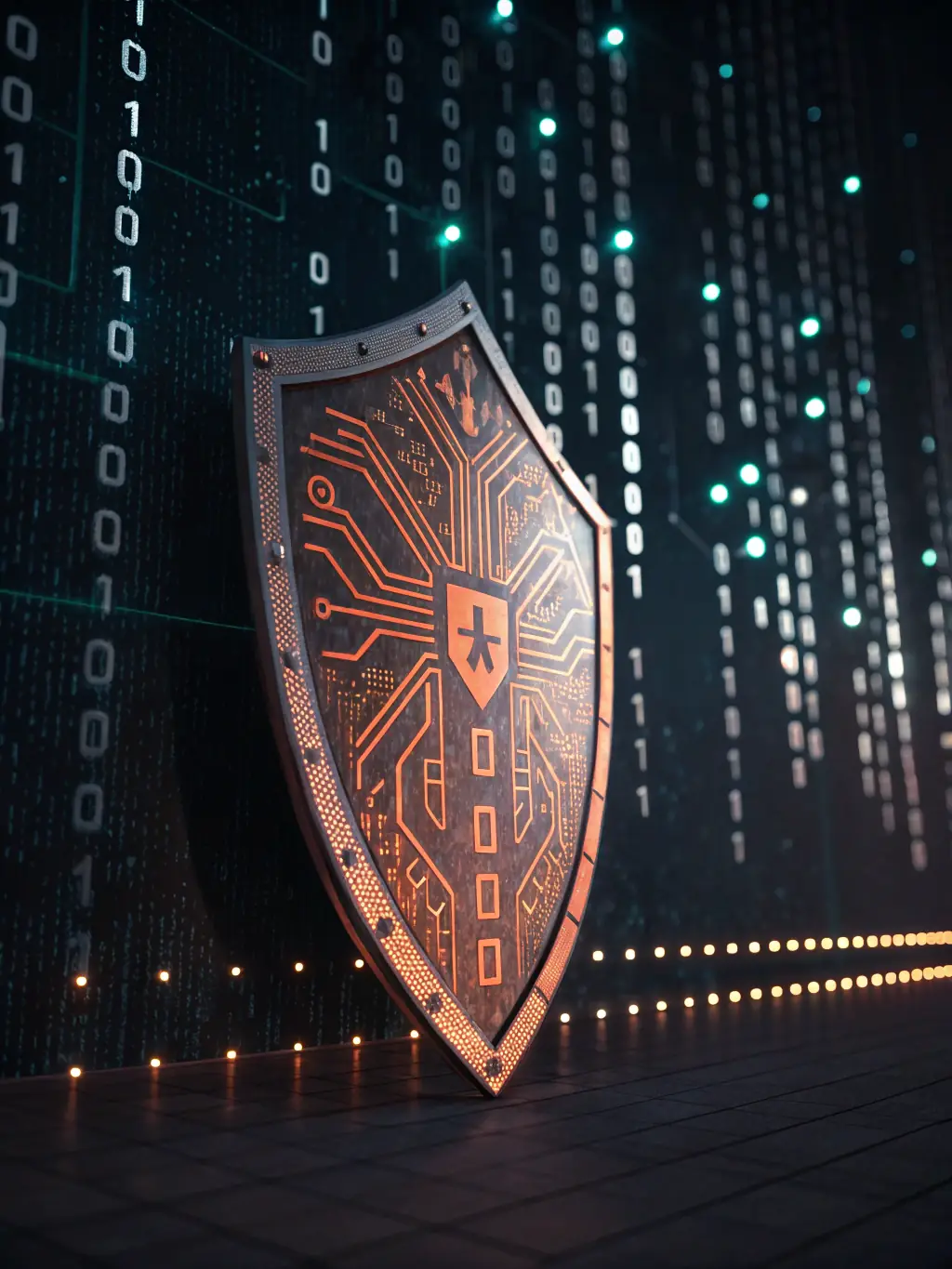 A shield icon overlaying a digital network background, symbolizing Kinoza's cybersecurity solutions.