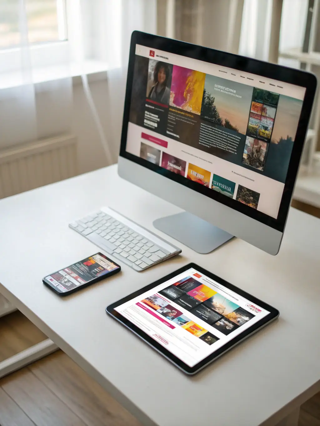 A visually appealing website design showcasing a responsive layout across different devices, reflecting Kinoza's web design capabilities. The design should be clean and modern.