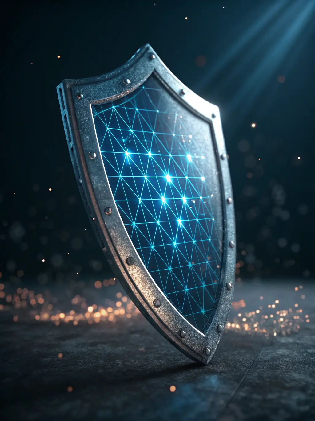 An abstract image representing a digital shield protecting data, symbolizing Kinoza's cybersecurity services. The image should convey trust and security.